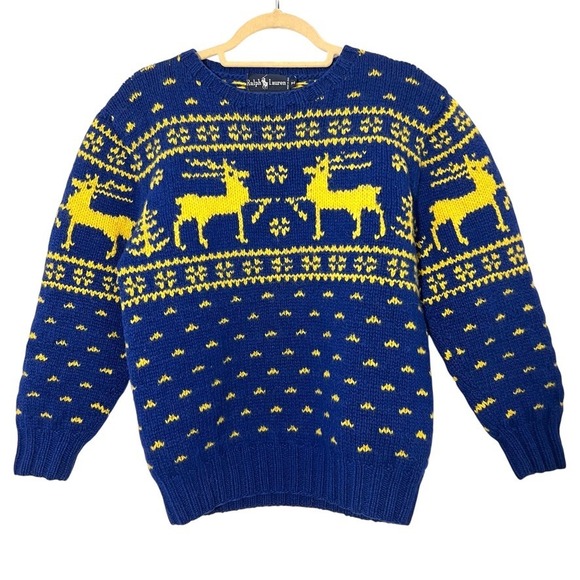 Vintage Ralph Lauren Sweater Mens S Blue Wool Hand Knit Reindeer Fair Isle